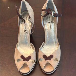 Paolo Tan and Brown Peep-Toe Heels with Ankle Strap